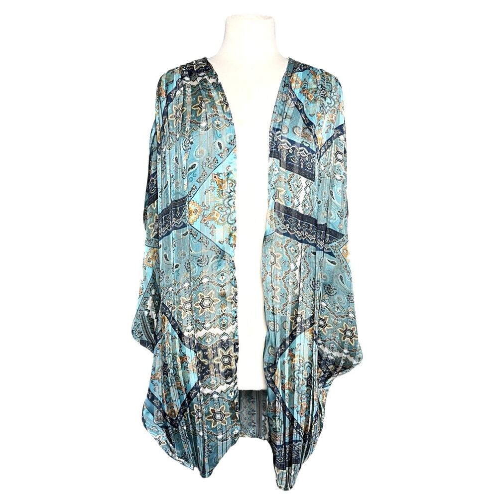 UMGEE Women’s Boho Blue Geo Floral Metallic Striped Kimono